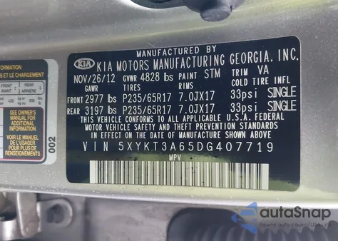 2013 Kia Sorento Lx from USA, damaged, VIN 5XYKT3A65DG407719